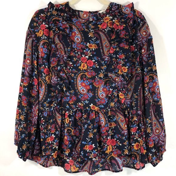 New H&M Paisley Floral Print Ruffle Trim Peplum Blouse Navy Multi Size 2 - Picture 11 of 16